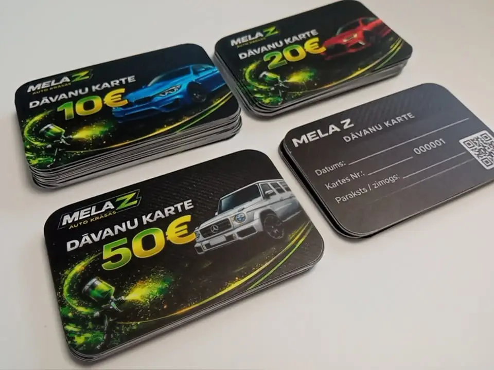 Plastic Mela Z auto krāsas gift cards worth 10, 20 and 50 euros