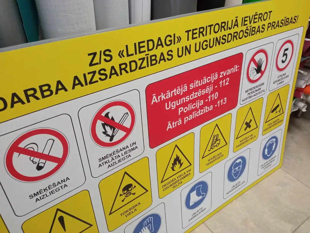 Yellow board with workplace and fire safety signs for the Z/S Liedagi site
