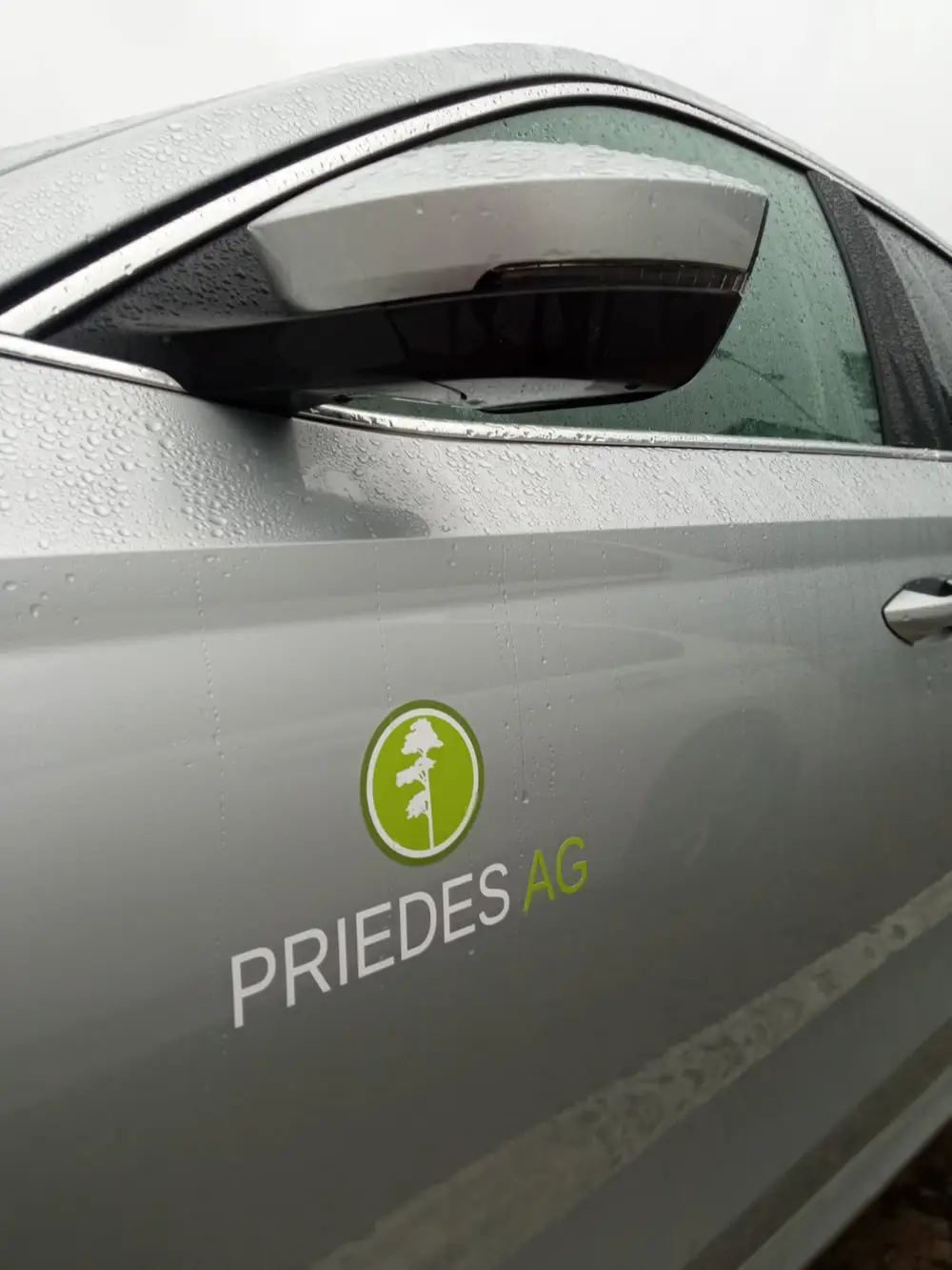 Silver car doors with a green logo and the text Priedes AG