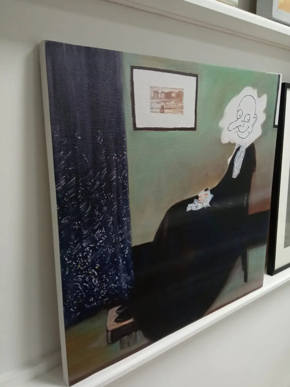 Canvas print of a seated figure with a caricature face