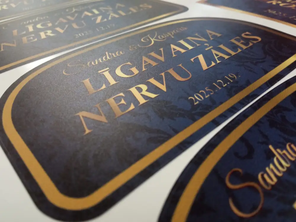 Dark blue labels with the gold text "Līgavaiņa nervu zāles"