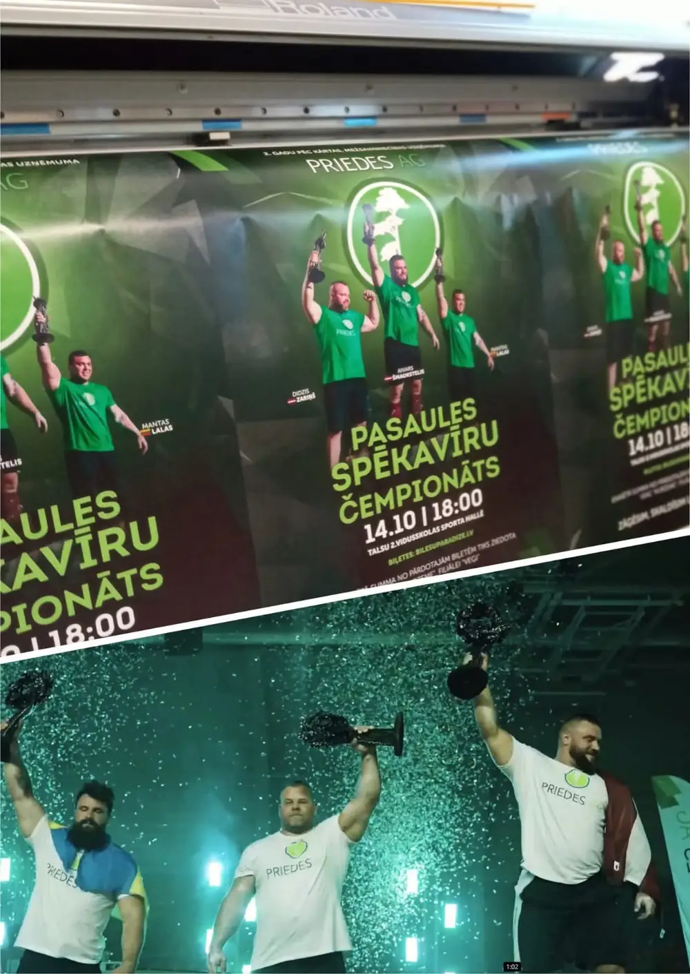 Strongman championship posters being printed and a photo of athletes on stage