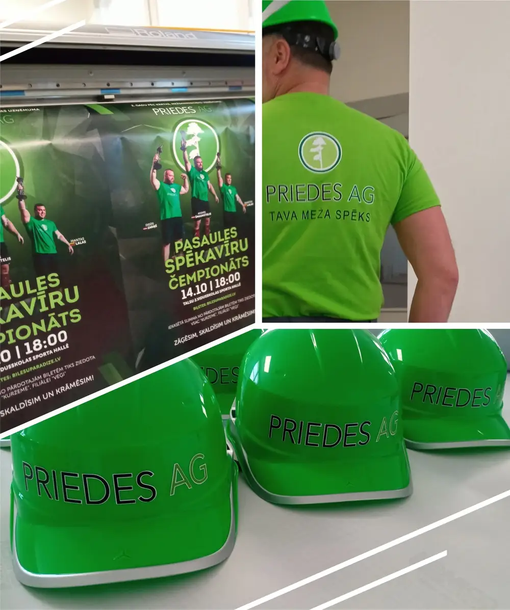 Collage of strongman posters, a green T-shirt and green Priedes AG helmets