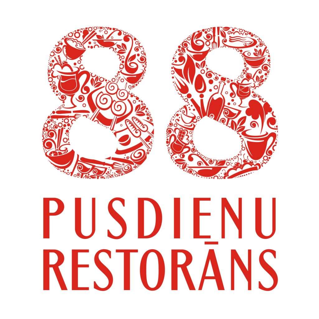 Logo "88 Pusdienu restorāns": red numbers 88 filled with drawings of kitchen utensils