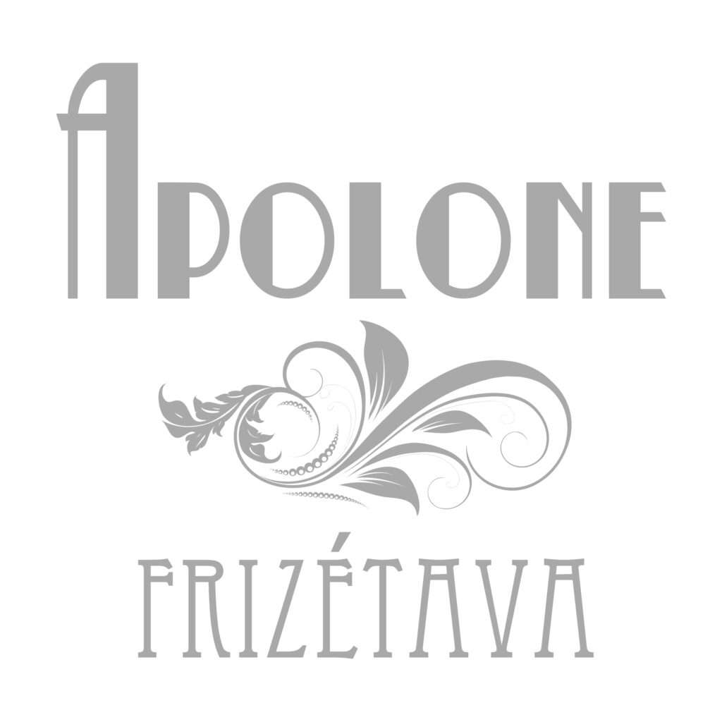 Logo "Apolone, frizētava": grey letters with an ornament