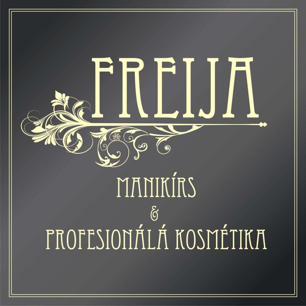 Logo "Freija, manikīrs un profesionālā kosmētika": gold letters with an ornament on a dark background