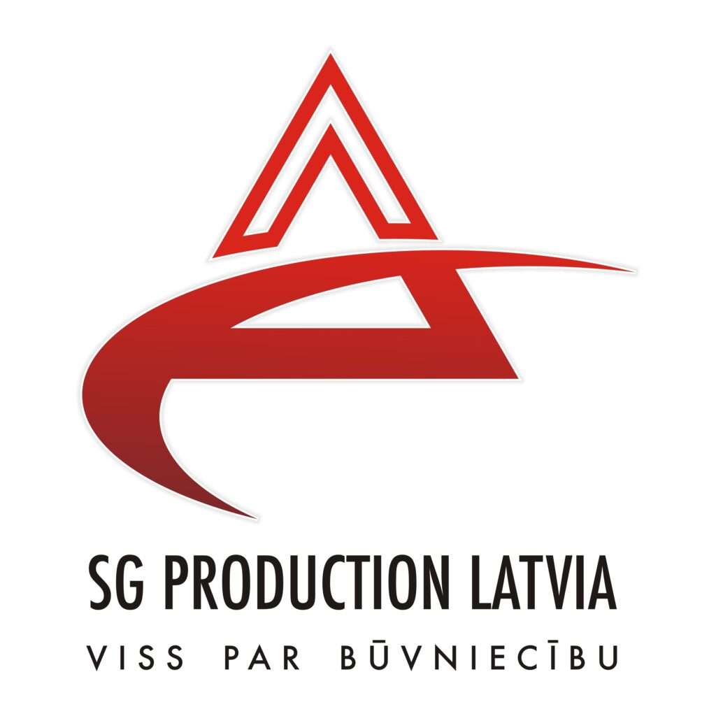 Logo "SG Production Latvia, viss par būvniecību" with a red triangular mark