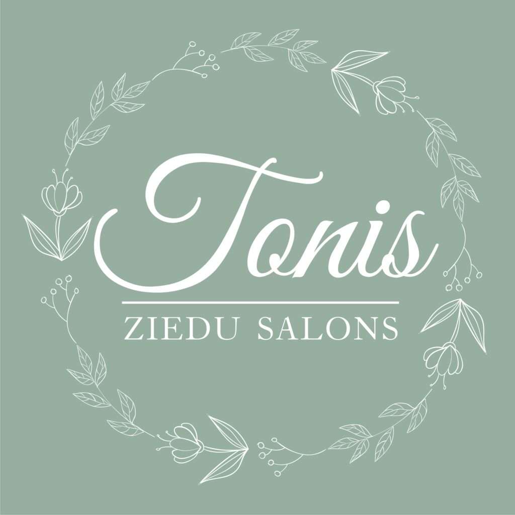 Logo "Tonis, ziedu salons": white handwritten lettering on a grey-green background with a wreath of plants