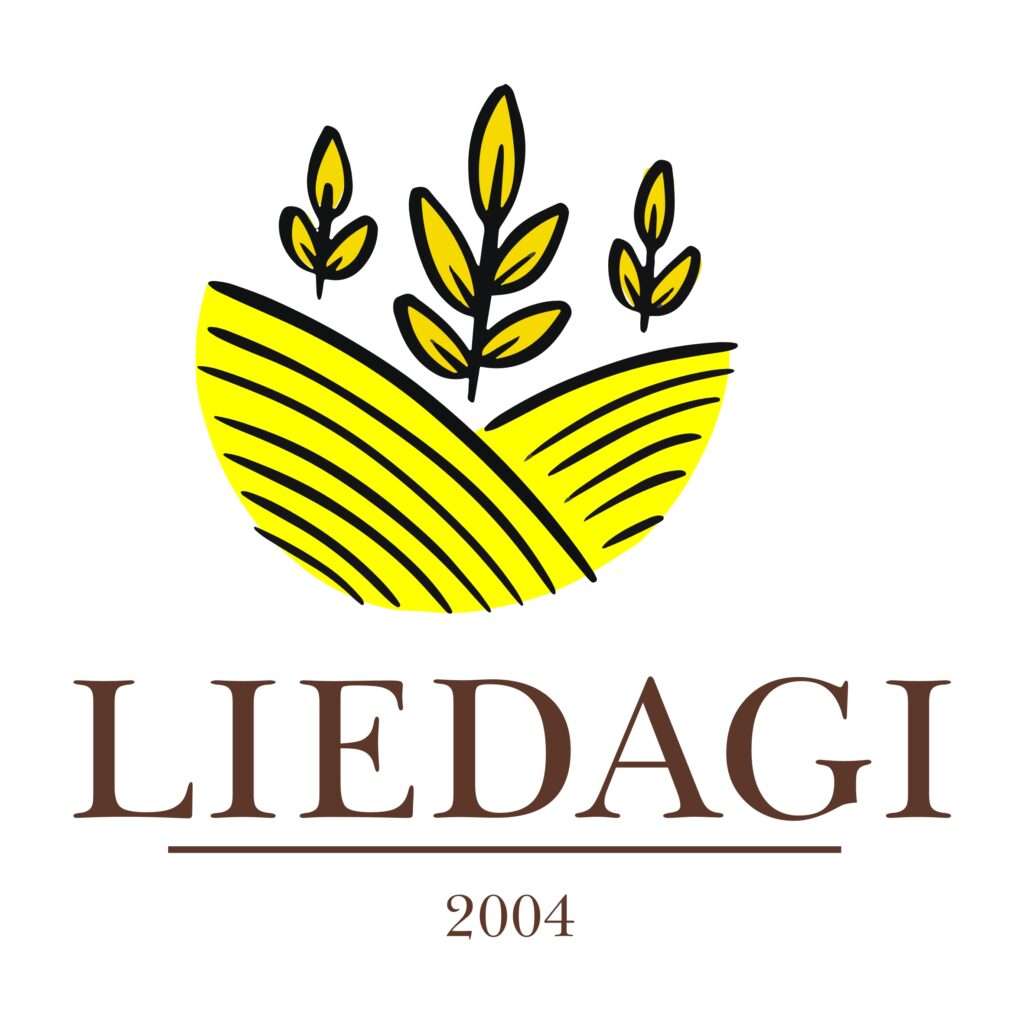 Logo "Liedagi" with yellow ears of grain above a striped field