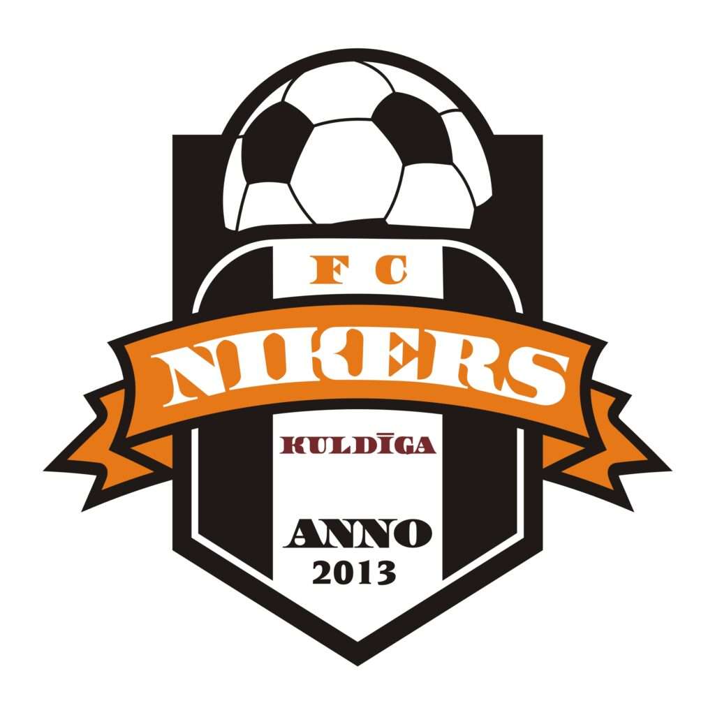 Football club crest "FC Nikers, Kuldīga" with a ball and an orange ribbon