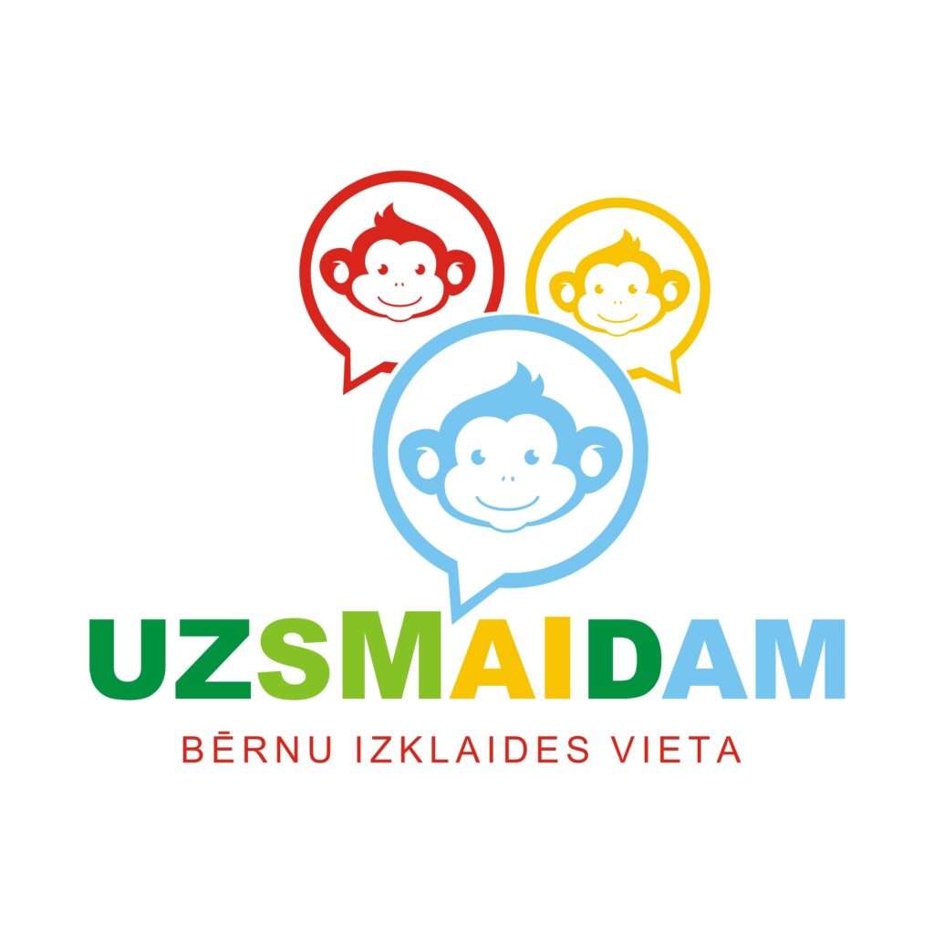 Logo "Uzsmaidam, bērnu izklaides vieta" with monkey faces in speech bubbles