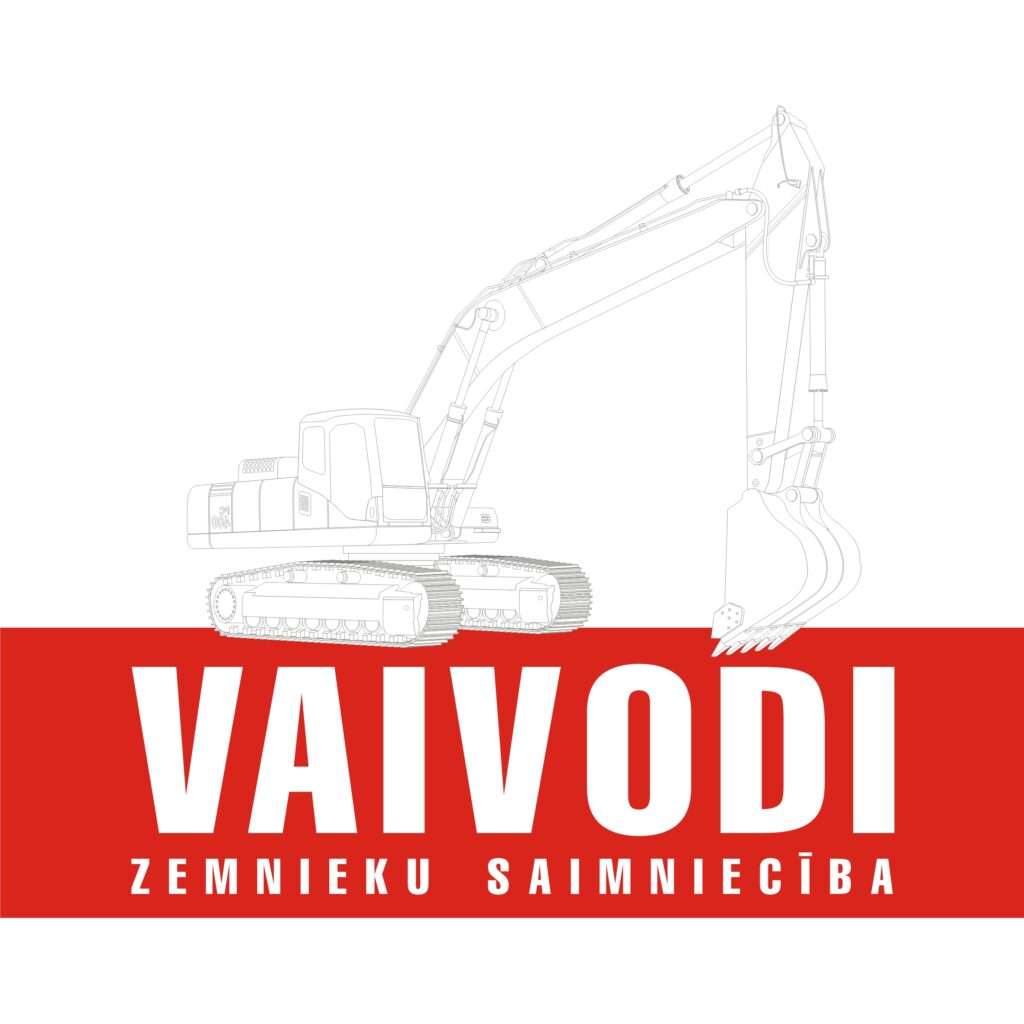 Logo "Vaivodi, zemnieku saimniecība": white letters on a red band under an excavator drawing
