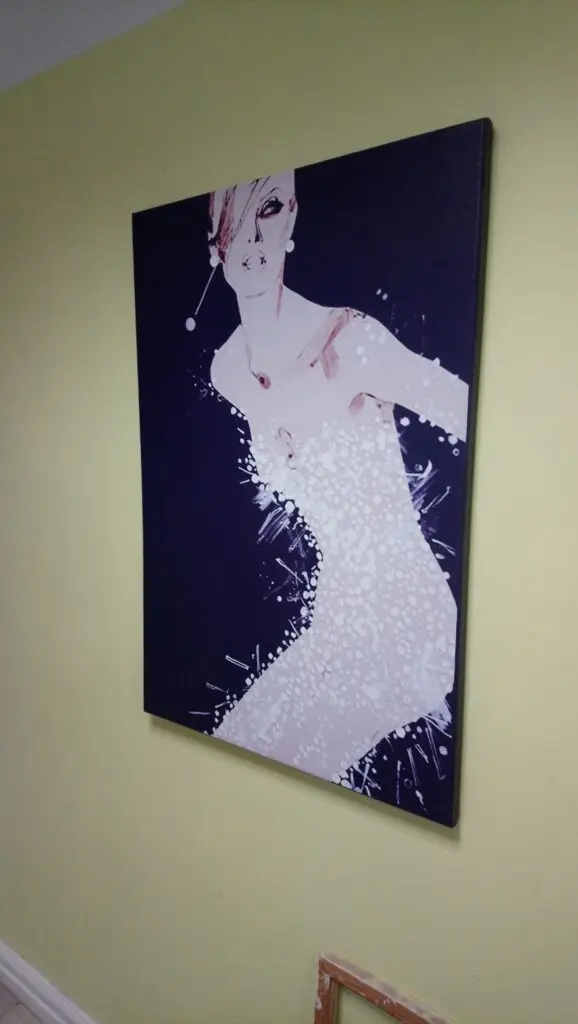 Canvas with an illustration of a woman in a white dress on a dark background, hanging on a wall
